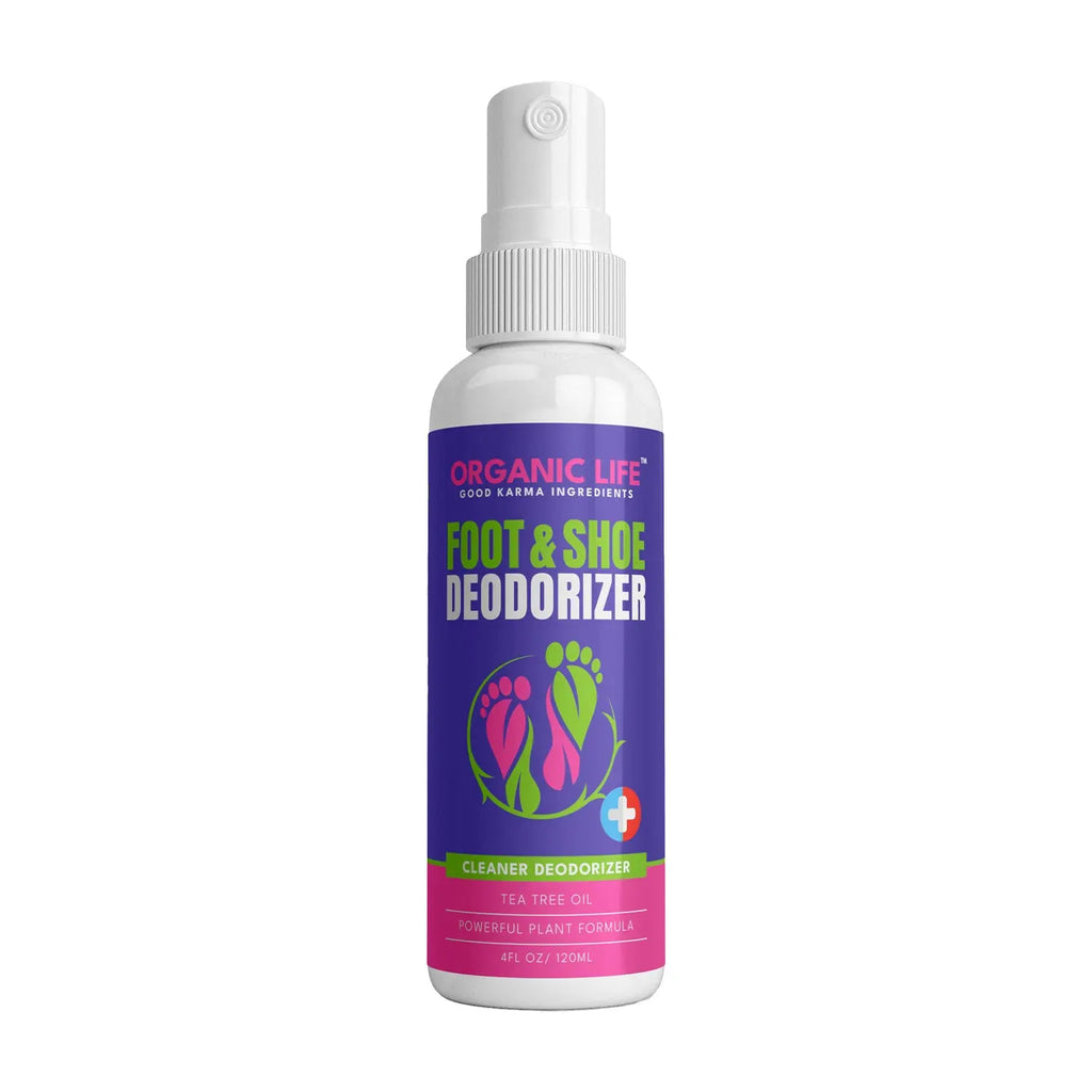 Organic Life foot deodorizer with tea tree oil in a spray bottle.