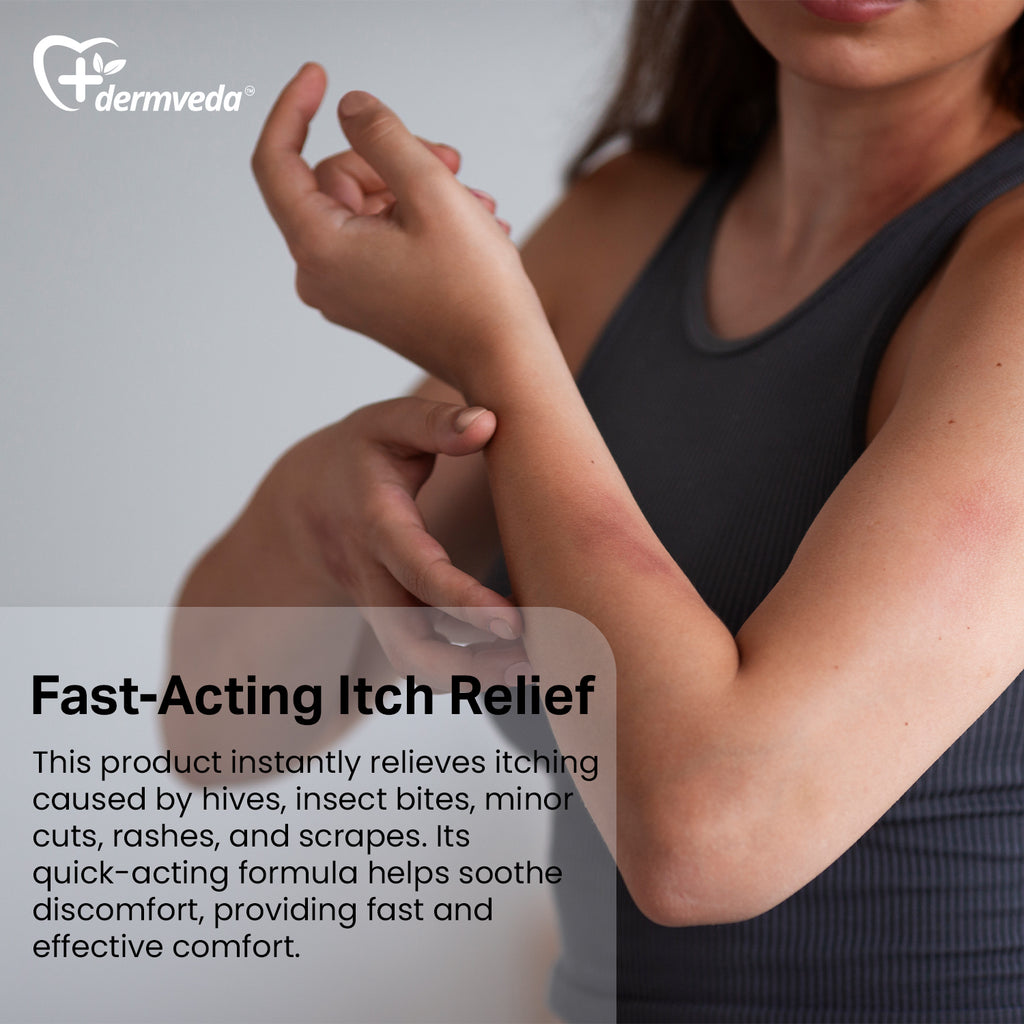 Visual showing gradual healing of insect bites on skin, transitioning from inflamed and itchy to smooth and healthy using Dermveda Ultra Bite Itch Relief