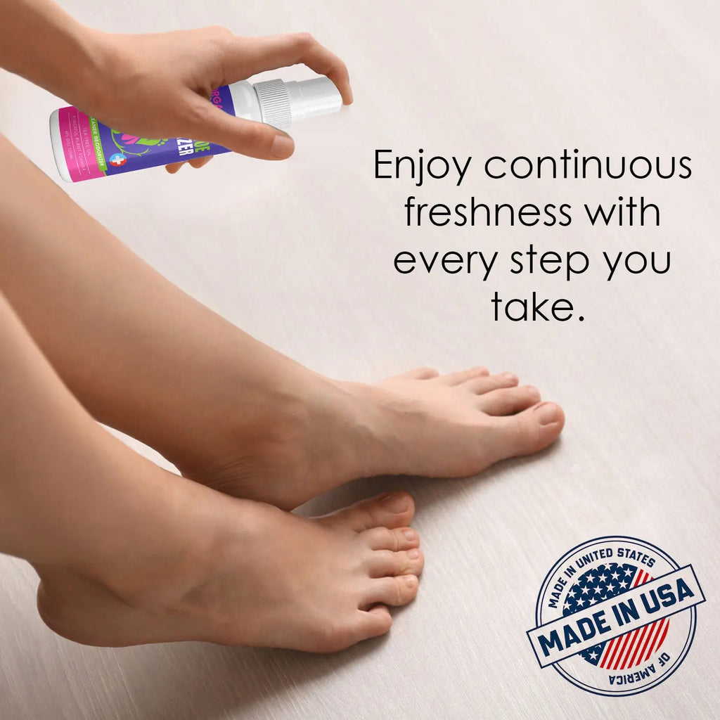 Spray bottle with tea tree oil for foot and shoe odor control.