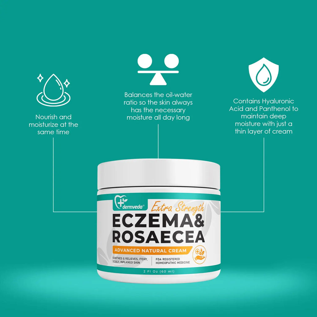 Dermveda natural cream for eczema and rosacea relief; soothes itchy skin.