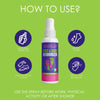 Foot deodorizer spray with tea tree oil shown with usage instructions.