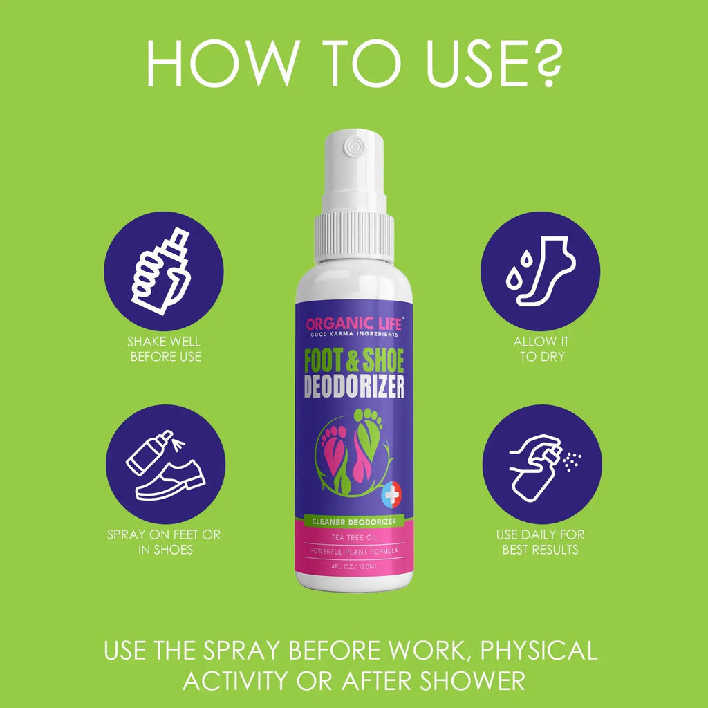 Foot deodorizer spray with tea tree oil shown with usage instructions.