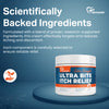 Infographic showing Dermveda Ultra Bite Itch Relief ingredients: peppermint oil, turmeric, lavender, and olive oil with their skin-soothing benefits