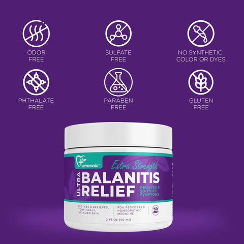 Dermveda Balanitis Relief cream for itchy, scaly skin; gluten-free.