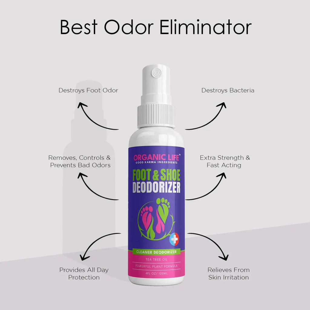 Foot deodorizer spray with tea tree oil for cleaner, odor-free shoes.