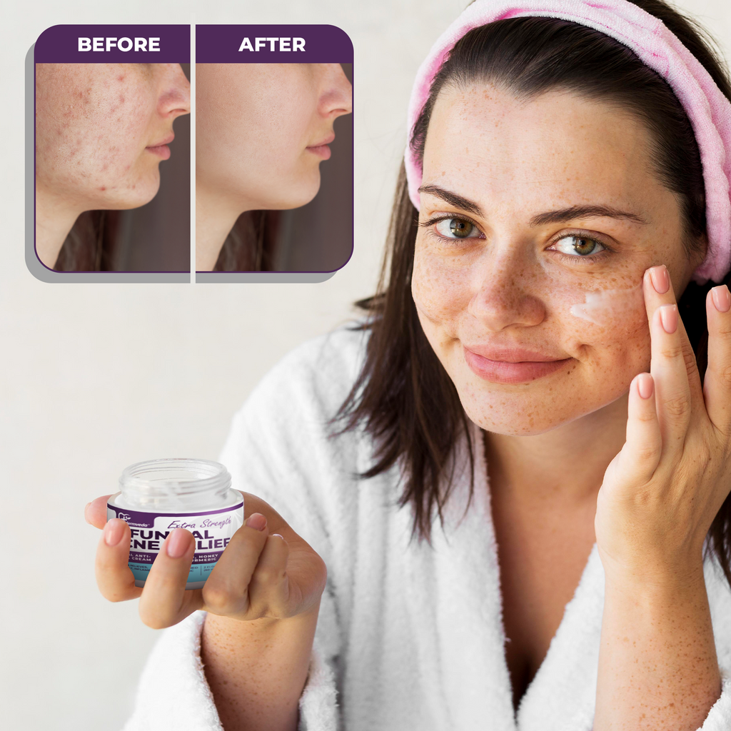 Woman applying gentle antifungal skincare before and after.