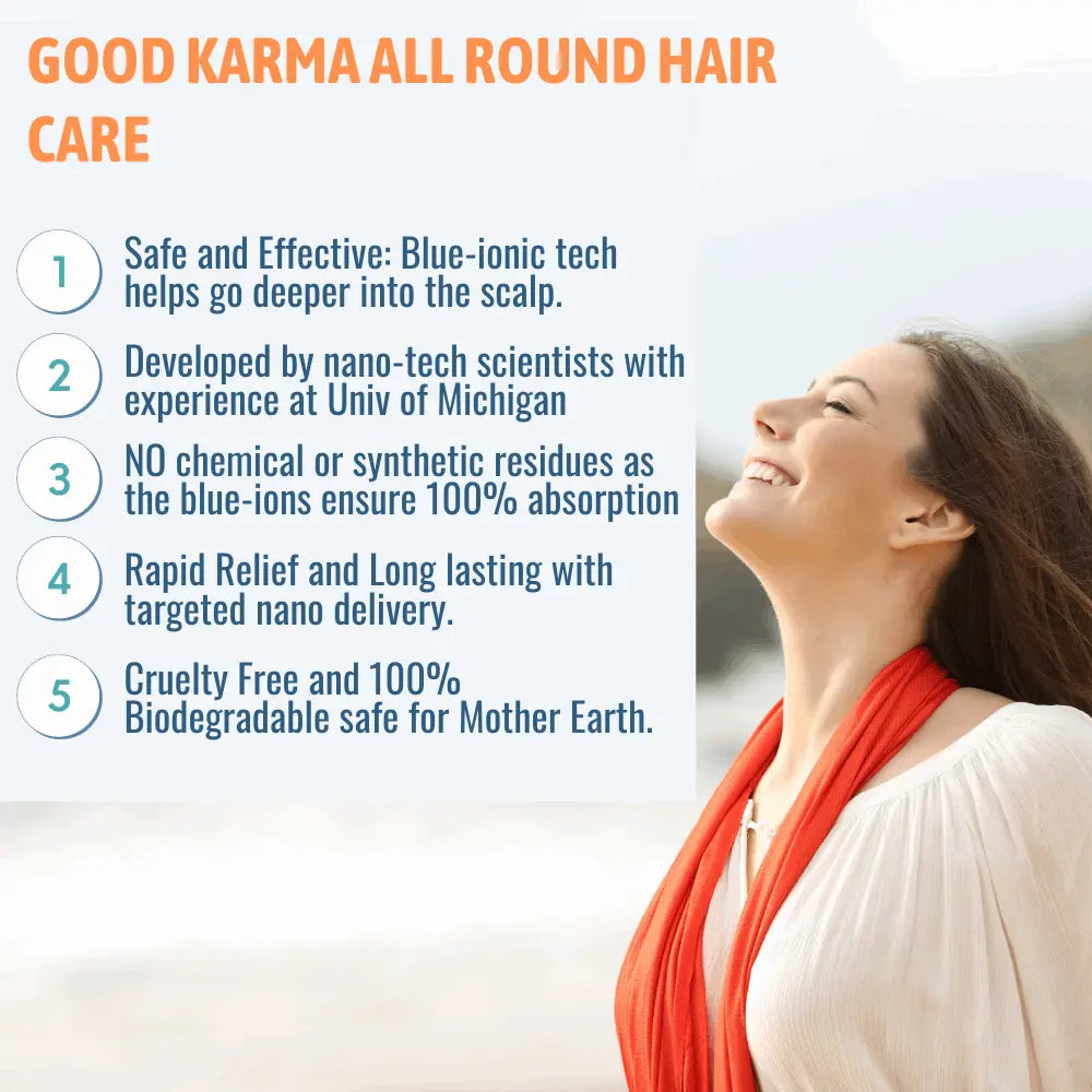 Happy woman uses biodegradable Tea Tree oil for scalp care