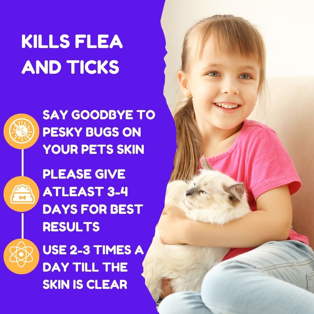 Girl holding a cat, promoting flea and tick treatment for pets skin.