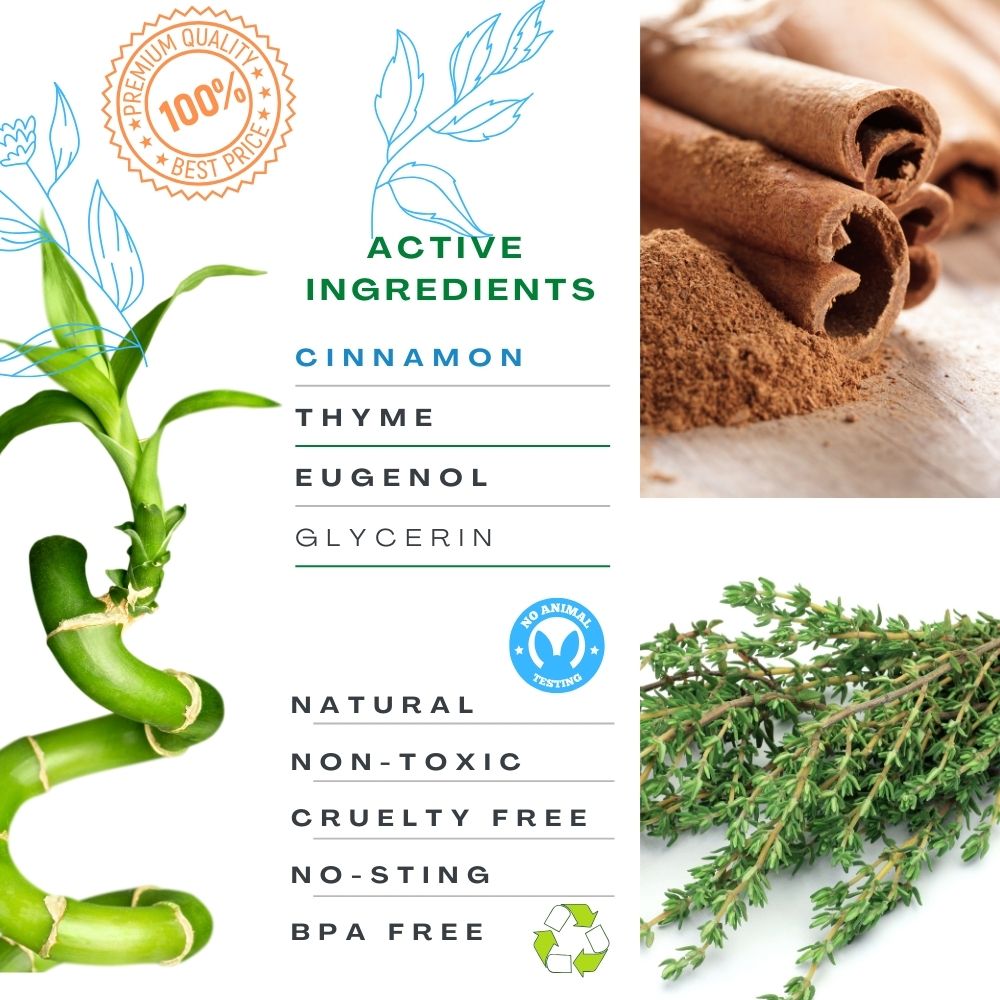 Flea and tick treatment with cinnamon, thyme, and natural ingredients.