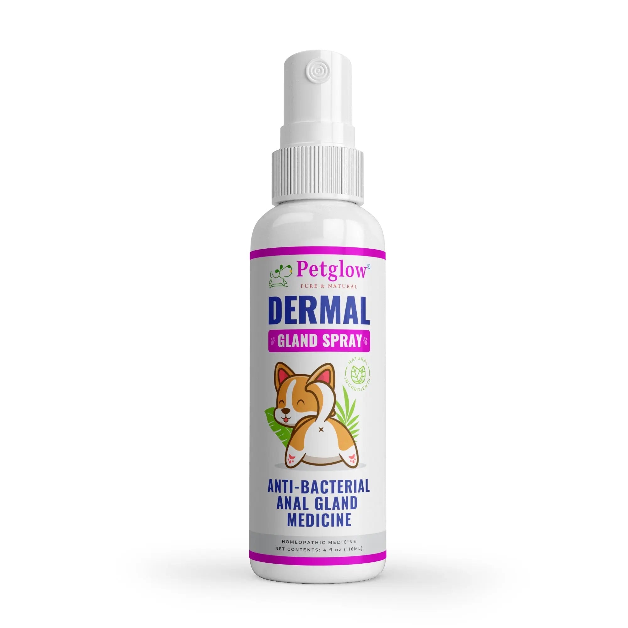 Petglow Dermal Gland Spray offers anal cleaning for dogs, anti-microbial support.