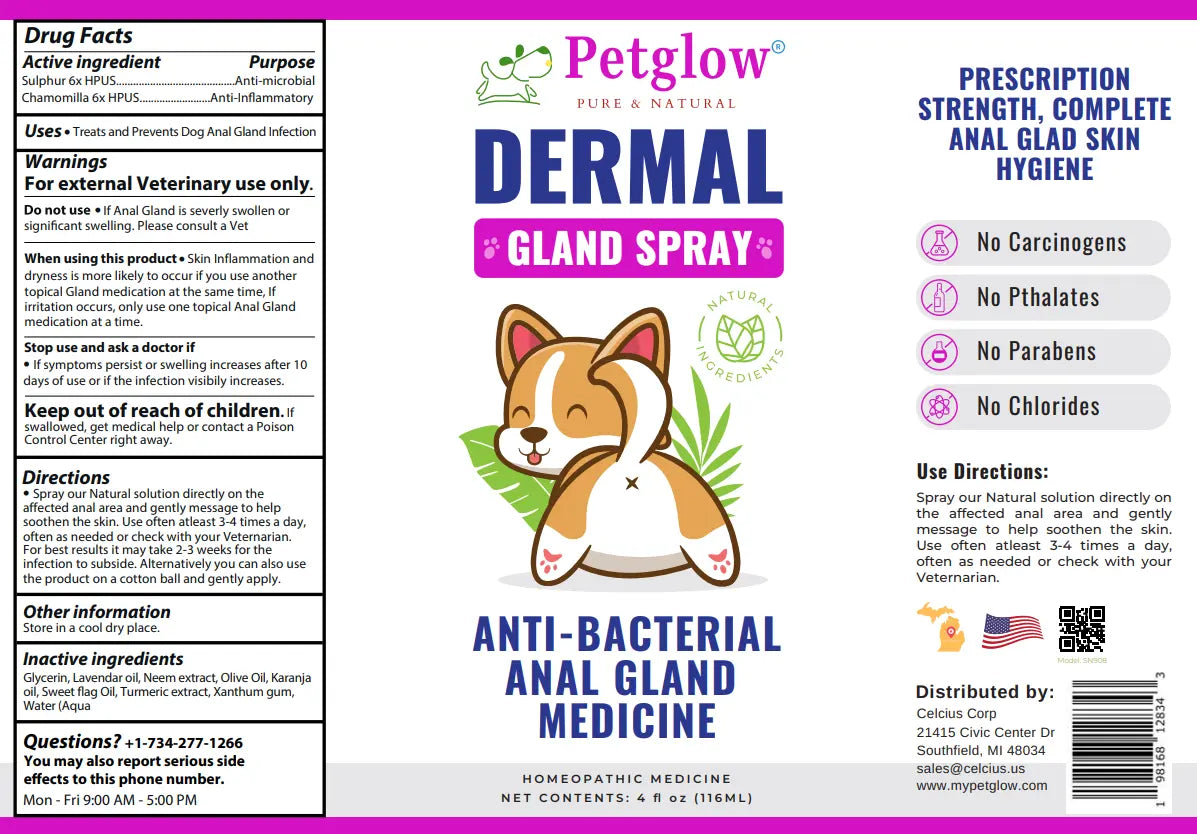 PetGlow dermal spray for dog anal gland hygiene with natural ingredients.