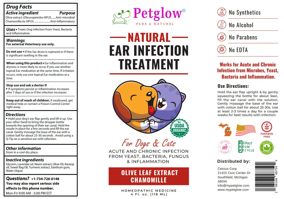 PetGlow natural ear infection treatment with olive leaf and chamomile