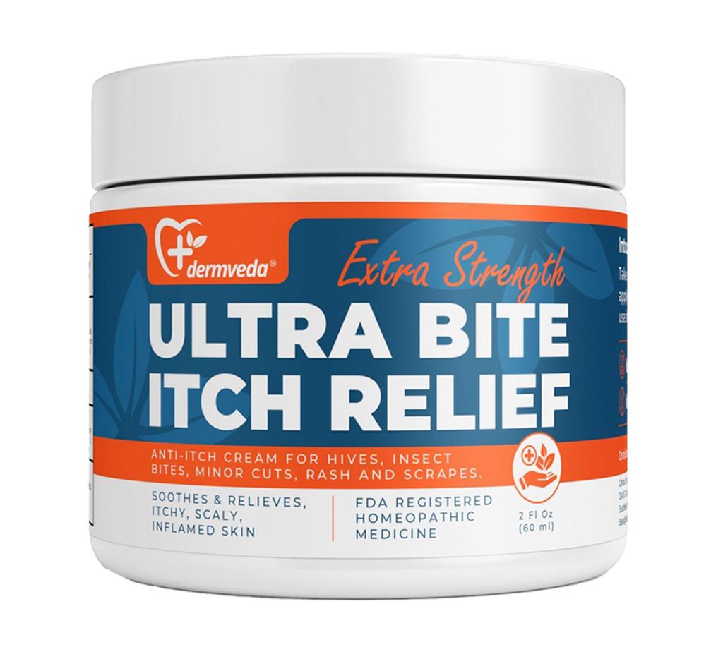 Mockup of Dermveda Ultra Bite Itch Relief tube surrounded by natural ingredients like mint leaves, turmeric root, lavender flowers, and olives